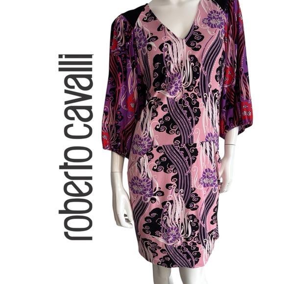 Roberto Cavalli Dresses & Skirts - Roberto Cavalli Pink, Black & Purple Printed V-Neck Dress